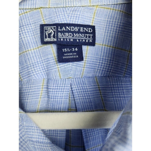 Lands End Baird McNutt Irish Linen Mens Button Up Sz 15.5/34 plaid beach summer - Picture 5 of 8